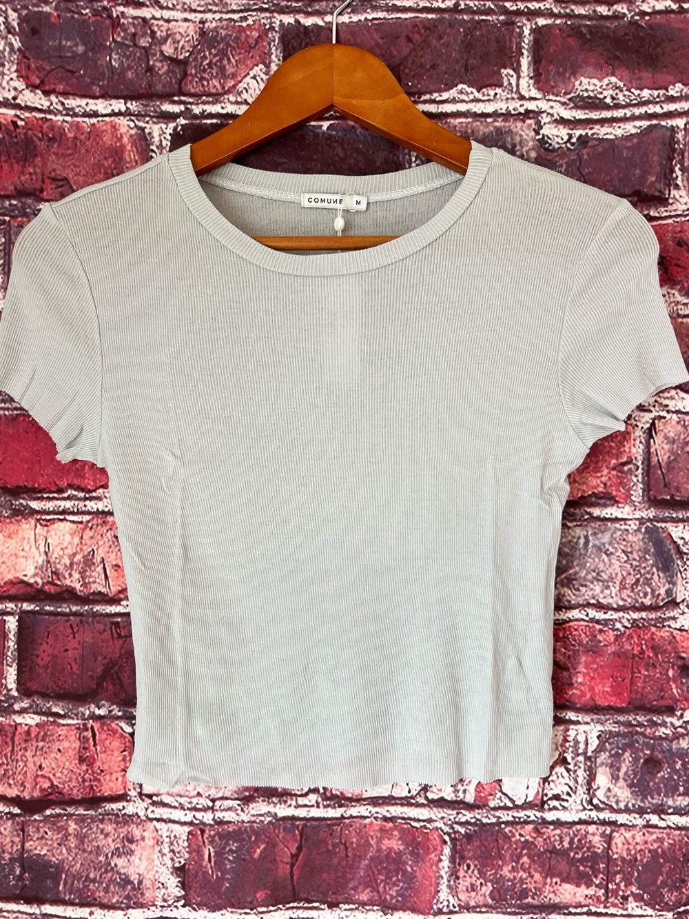 COMUNE Light Gray Ribbed Knit Short Sleeve Crop Top NWT